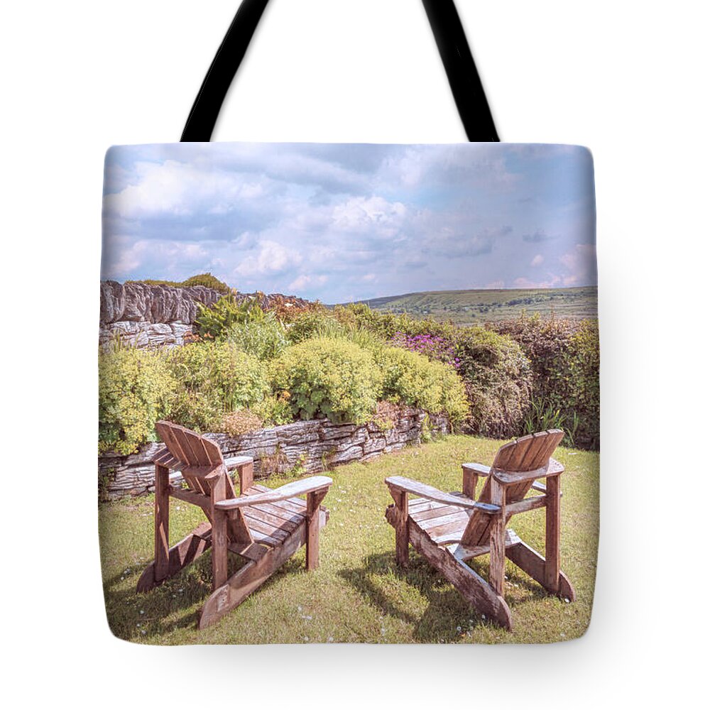 Clouds Tote Bag featuring the photograph Two Chairs in the Garden in Country Colors by Debra and Dave Vanderlaan