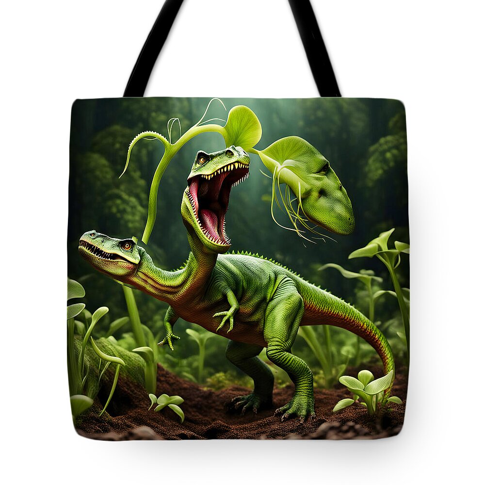 Dinosaur Tote Bag featuring the digital art Two Heads are Bitier than One by Steve Taylor