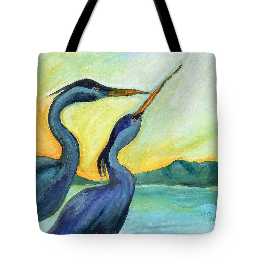 Landscape Tote Bag featuring the painting Two Herons by Catharine Gallagher