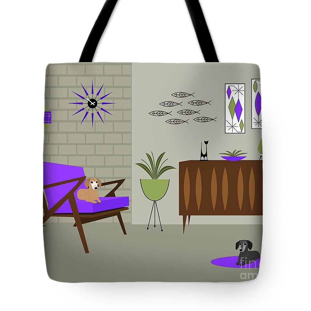 Mid Century Modern Dachshunds Tote Bag featuring the digital art Two Mid Century Dachshunds in Purple Room by Donna Mibus