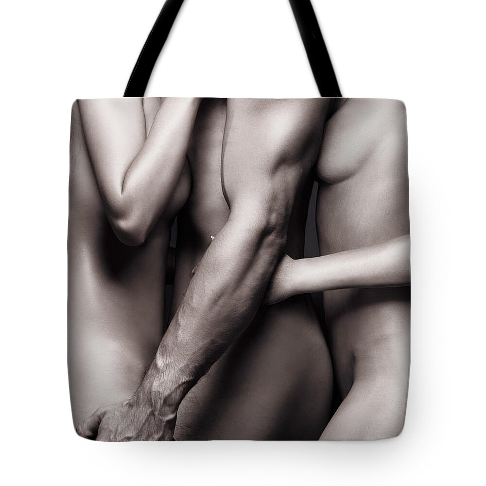 Two nude women with one man Tote Bag by Maxim Images Exquisite Prints