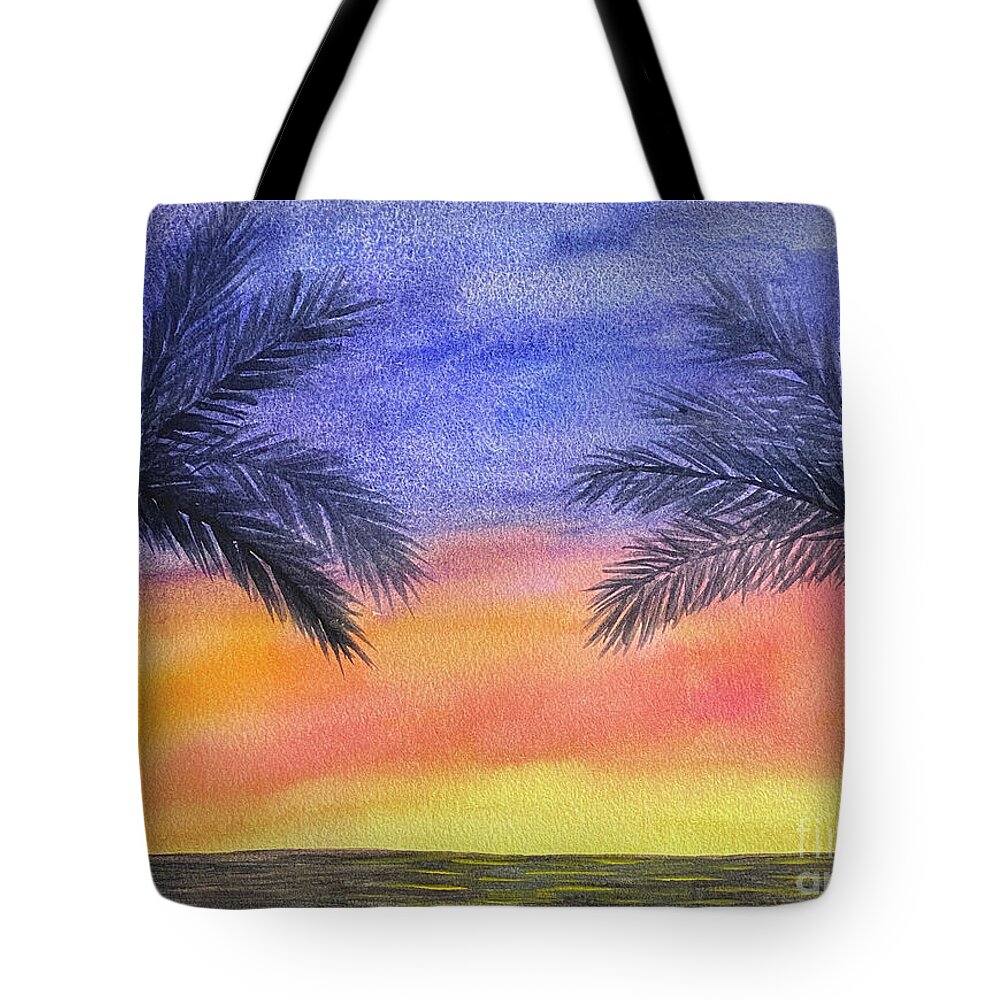 Palm Trees Tote Bag featuring the painting Two Palm Trees at Sunset by Lisa Neuman