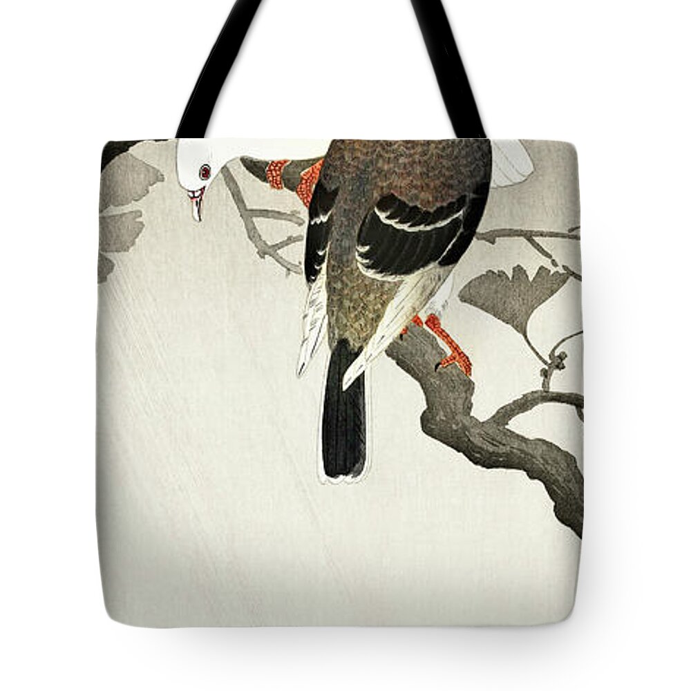 Birds Tote Bag featuring the painting Two pigeons on a branch by Ohara Koson