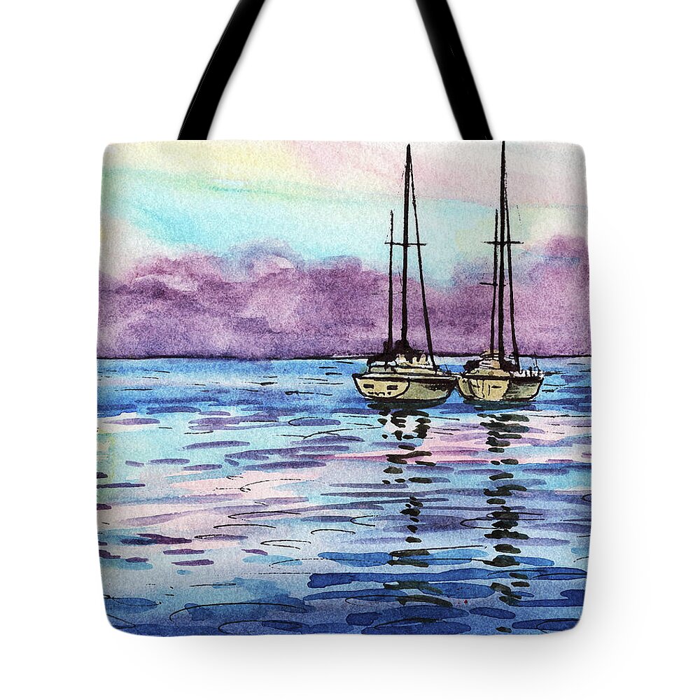 Boats Tote Bag featuring the painting Two Sailboats Resting In The Ocean Purple Clouds Watercolor Beach Art by Irina Sztukowski