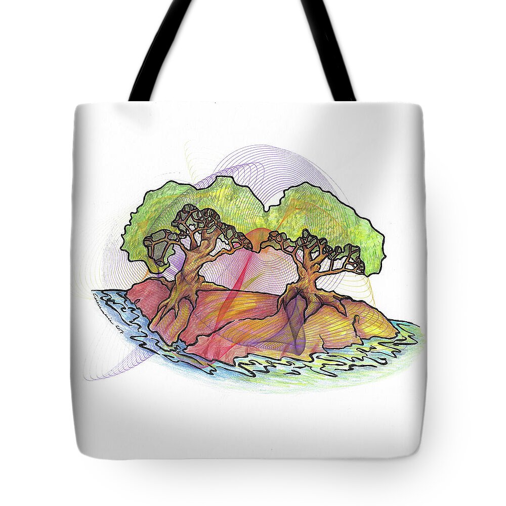 Island Tote Bag featuring the drawing Two Trees on an Island by Teresamarie Yawn