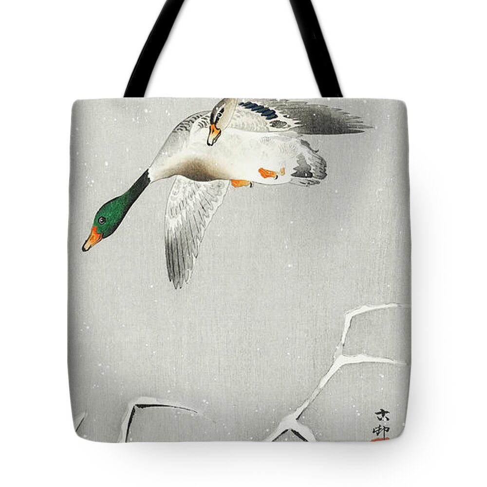 Birds Tote Bag featuring the painting Two wild ducks in flight by Ohara Koson