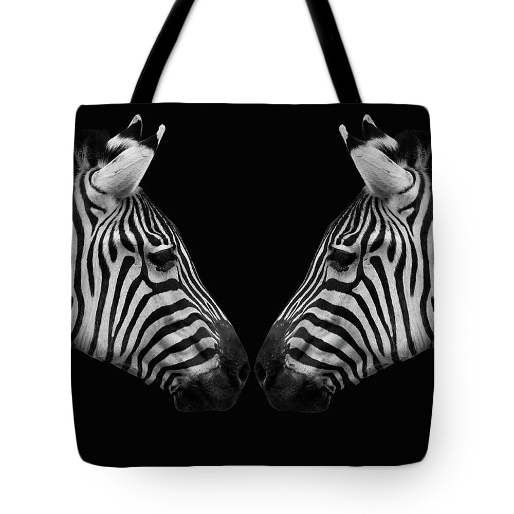 Zebra Tote Bag featuring the digital art Two Zebras With Black Background by Marjolein Van Middelkoop