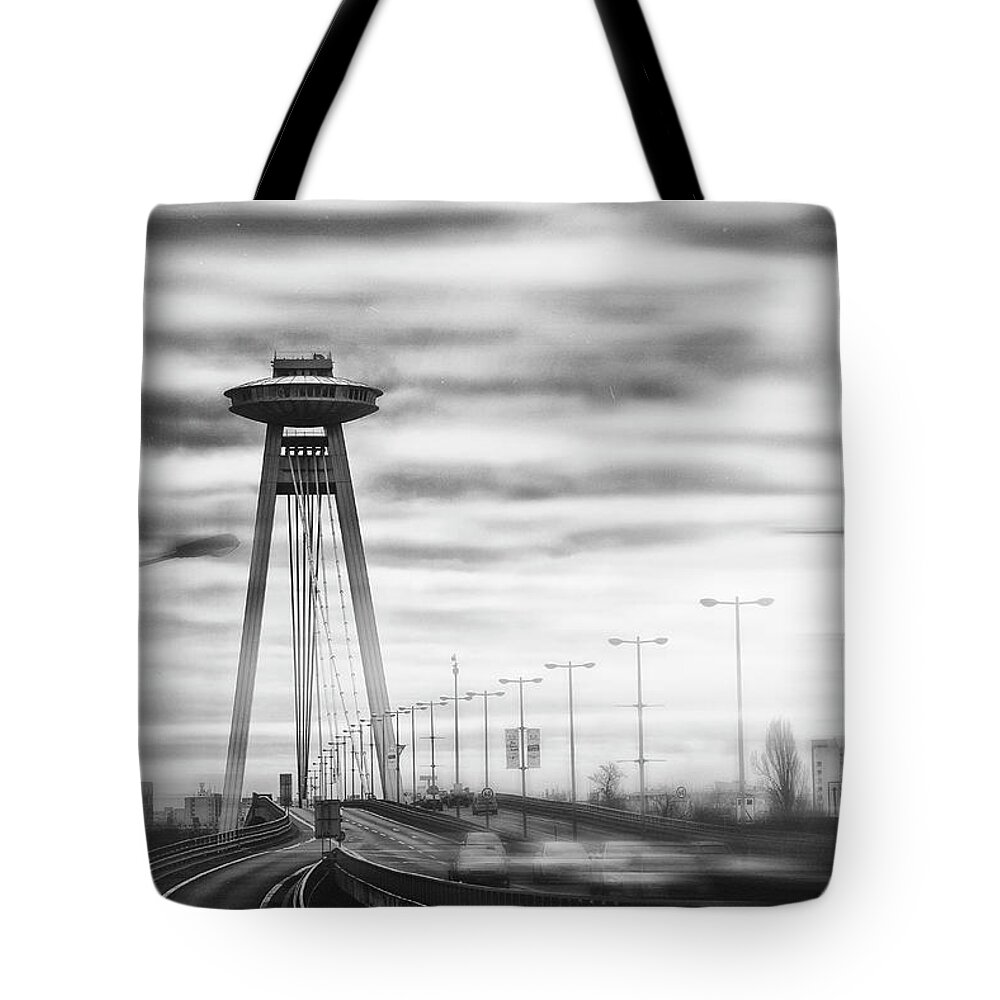 Bratislava Tote Bag featuring the photograph UFO Bridge Bratislava Slovakia Black and White by Carol Japp