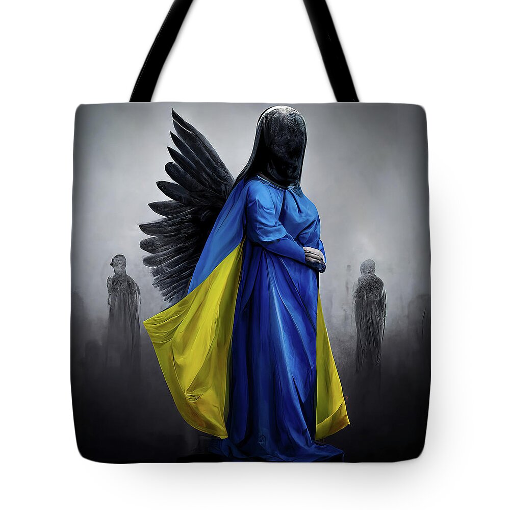 Angel Tote Bag featuring the digital art Ukraine Angel 01 Black Wings by Matthias Hauser