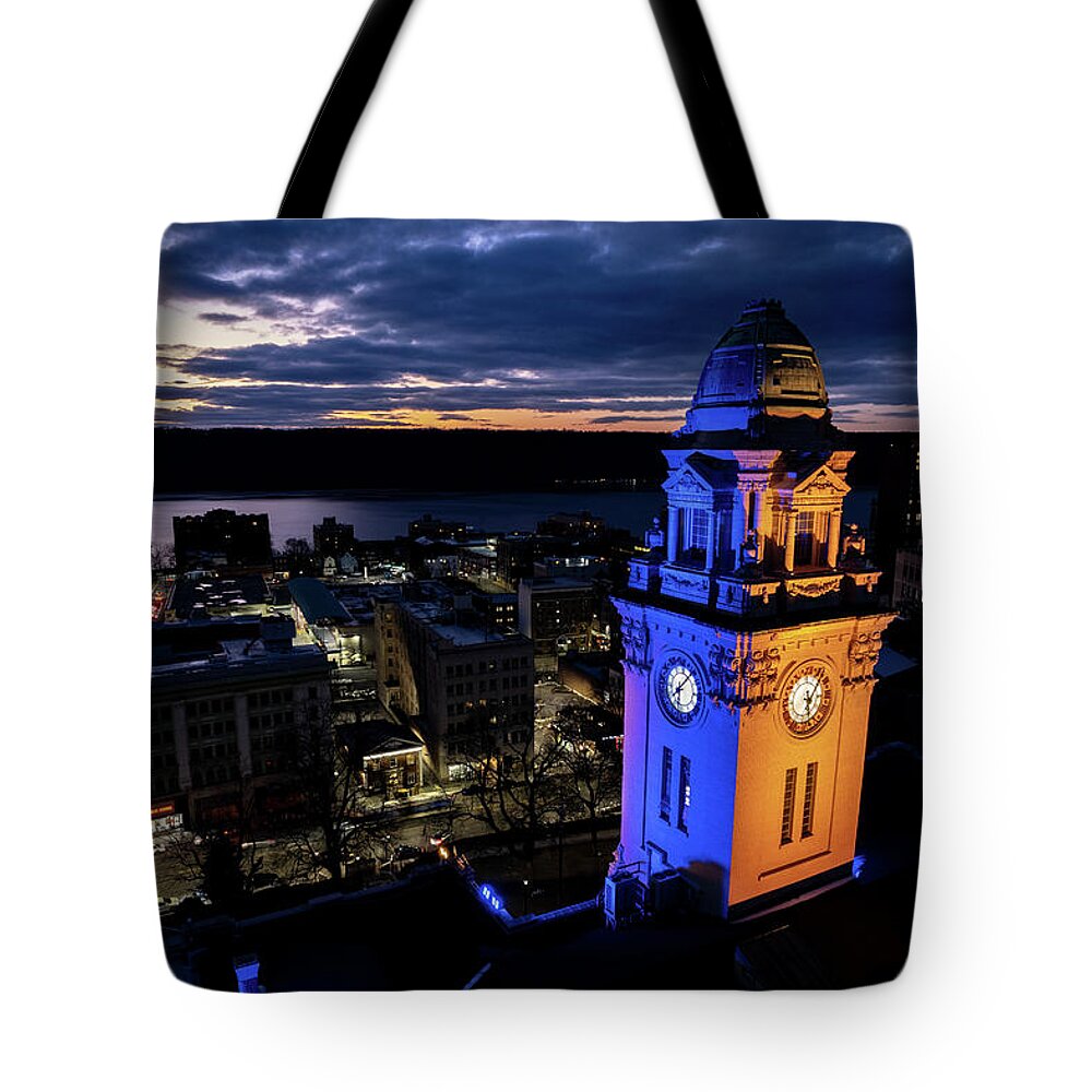 City Hall Tote Bag featuring the photograph Ukrainian national colors illuminate city hall by Kevin Suttlehan
