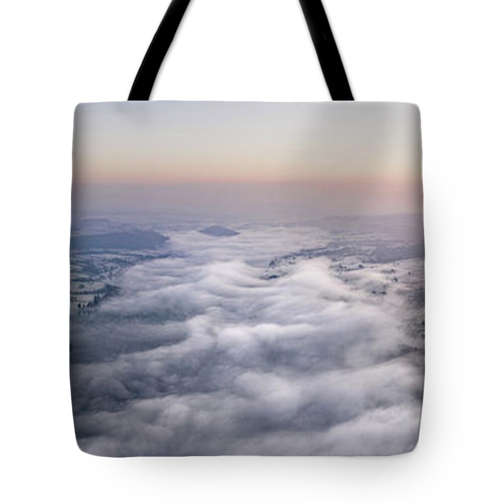 Panorama Tote Bag featuring the photograph Ullswater cloud inversion aerial lake district by Sonny Ryse