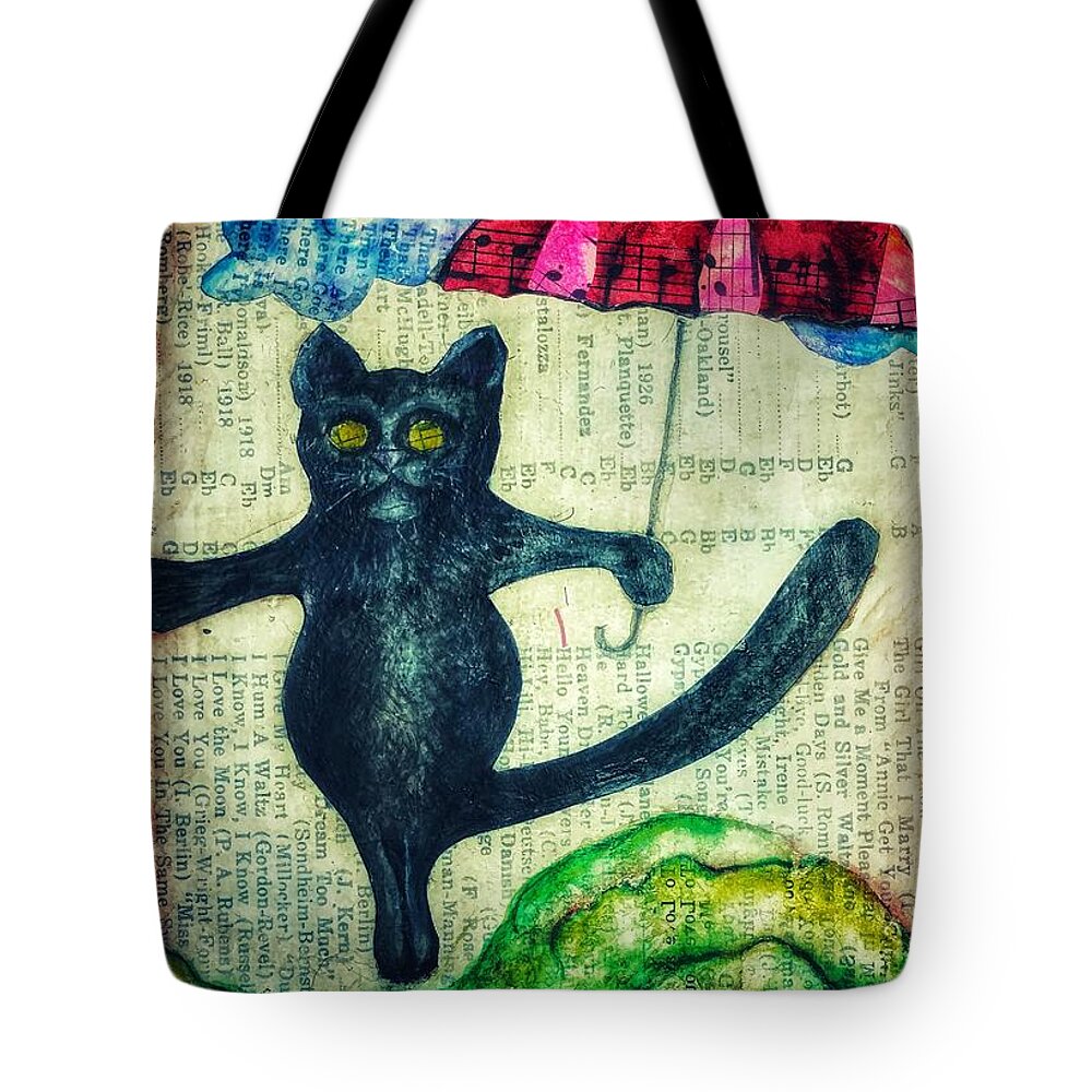 Black Cat Tote Bag featuring the digital art Umbrella Cat by Delight Worthyn
