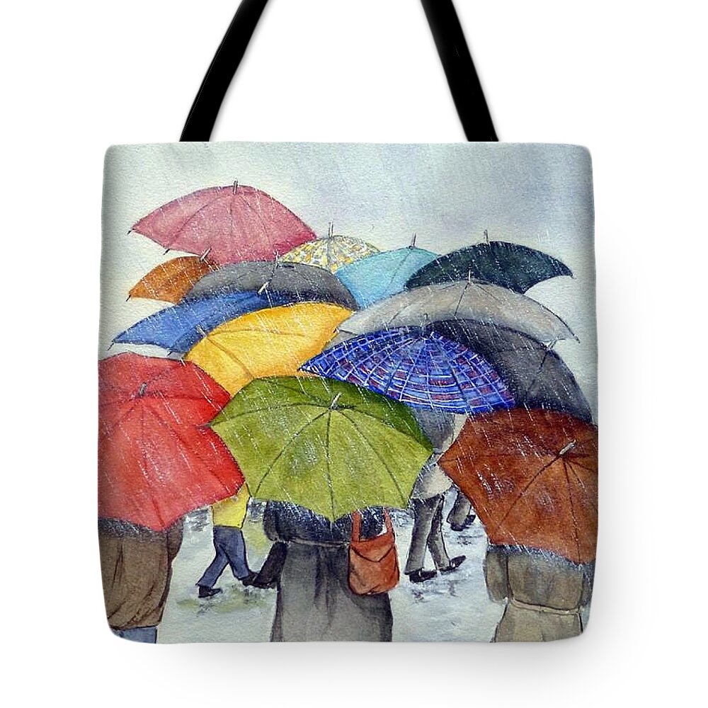 Umbrella Tote Bag featuring the painting Umbrella Huddle Two by Kelly Mills