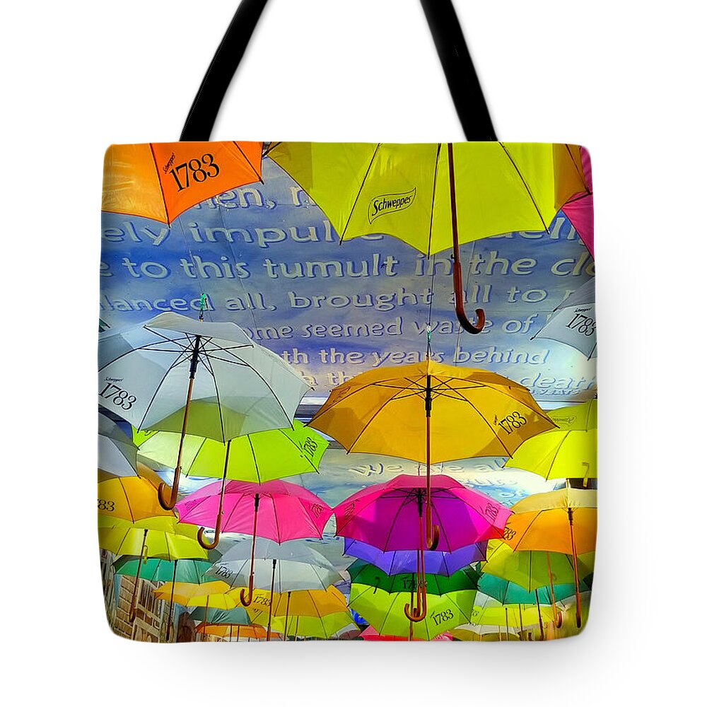 Umbrella Tote Bag featuring the photograph Dancing In The Rain - Belfast by Gene Taylor
