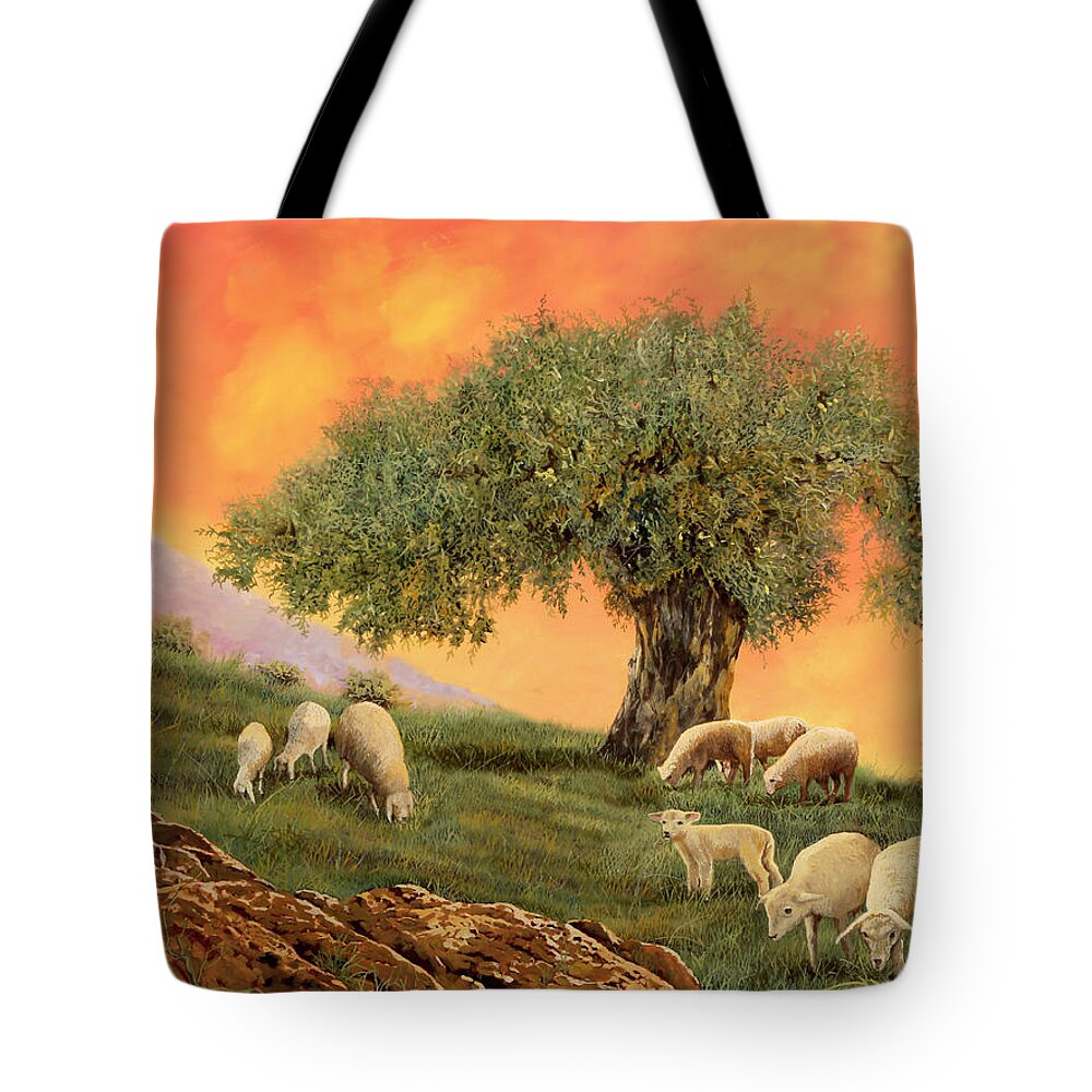 Sheep Tote Bag featuring the painting Un Po' Di Pecore Sotto L'ulivo by Guido Borelli