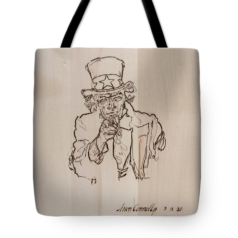 Pyrography Tote Bag featuring the pyrography Uncle Sam by Sean Connolly