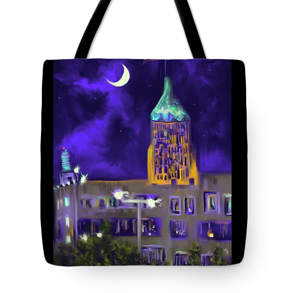 Crescent Moon Tote Bag featuring the digital art Under A Crescent Moon by Angela Weddle