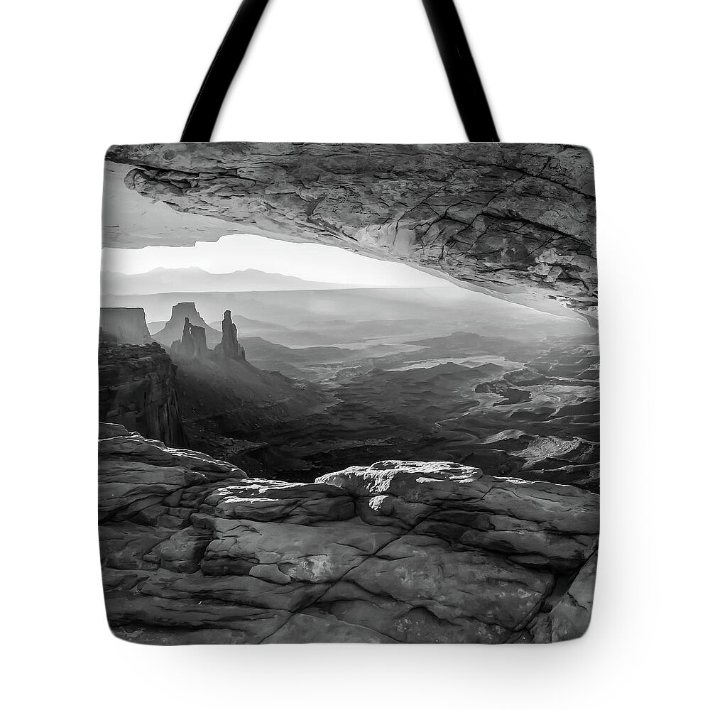 America Tote Bag featuring the photograph Under the Mesa Arch Canyonlands - Moab Utah - Square Format - Black and White by Gregory Ballos