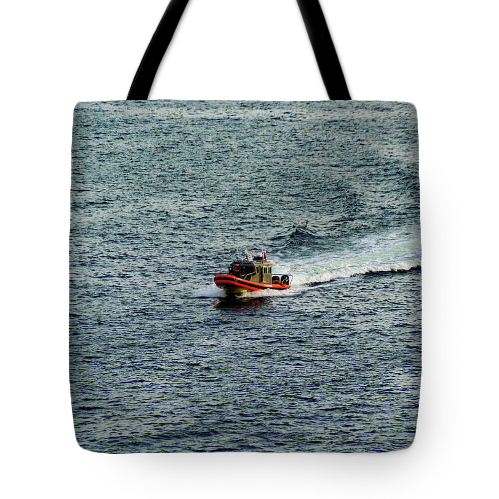 Boats; Water; Color; Coast Guard; Landscape Tote Bag featuring the photograph United States Coast Guard Patrol by AE Jones