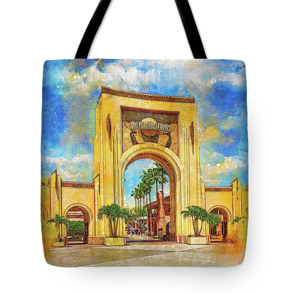 Universal Studios Florida Tote Bag featuring the digital art Universal Studios Florida entrance - digital painting by Nicko Prints