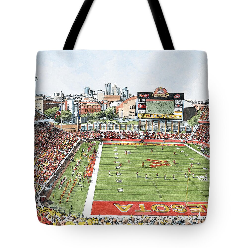 College Landmarks Tote Bag featuring the painting University of Minnesota Football by John Stoeckley