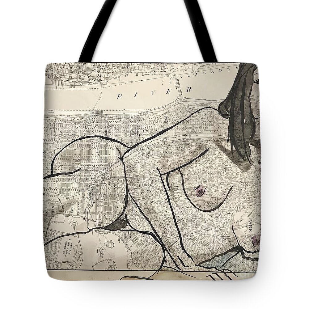 Sumi Ink Tote Bag featuring the drawing Upper Manhattan by M Bellavia