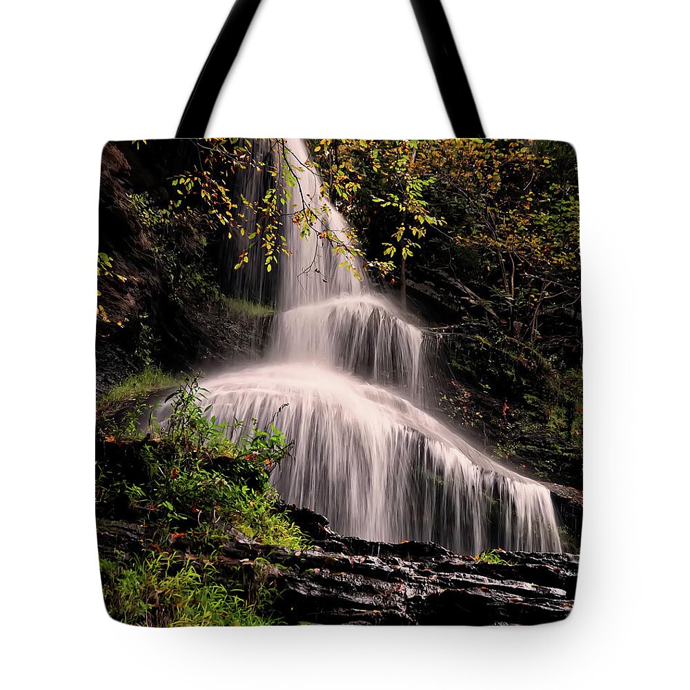 Waterfall Tote Bag featuring the photograph upper portion of Cathedral Falls by Flees Photos