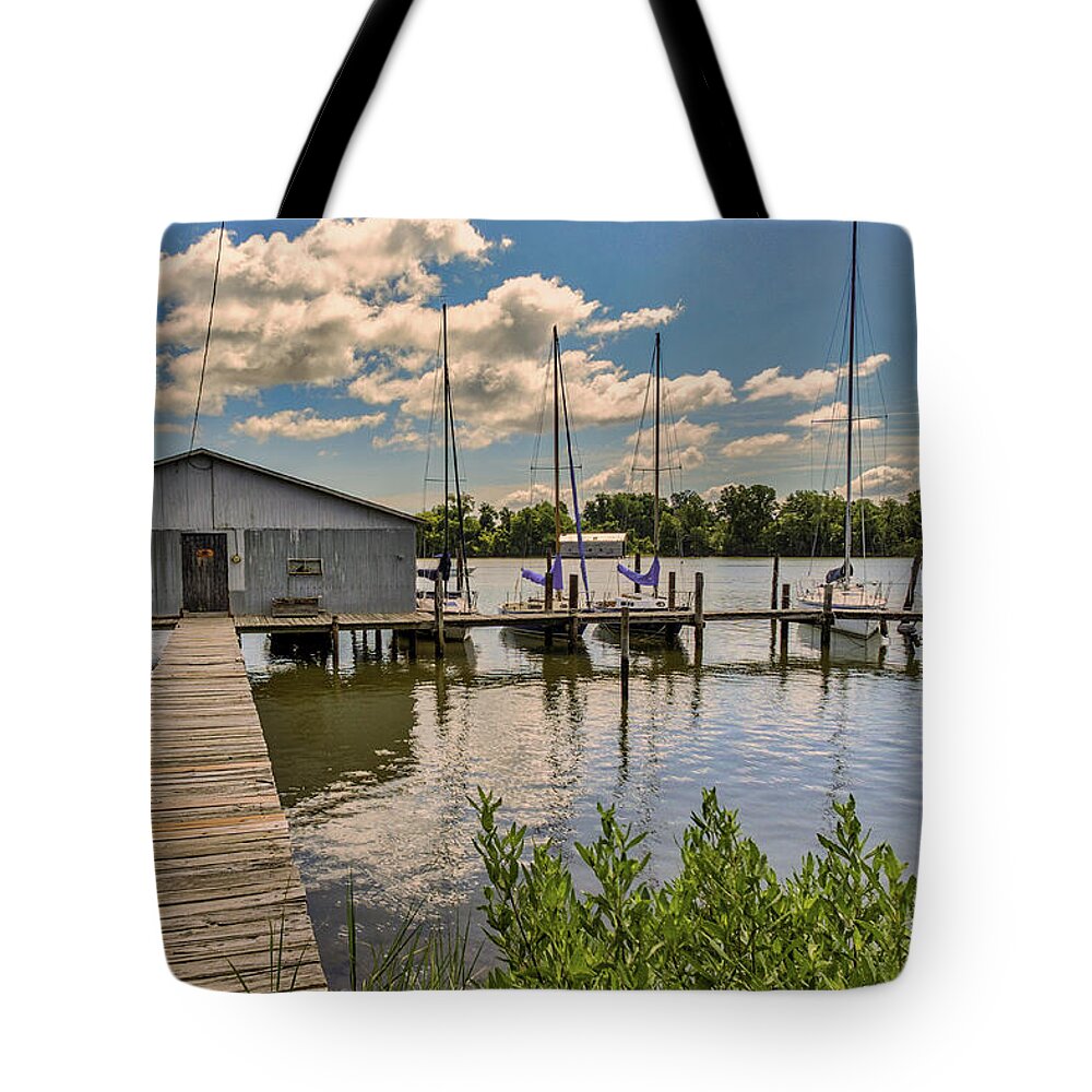 Boathouse Tote Bag featuring the photograph Urbanna Boathouse by Jerry Gammon
