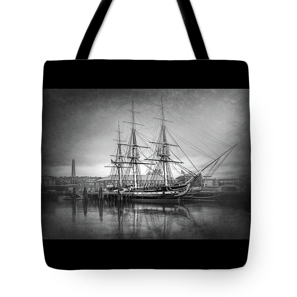 Boston Tote Bag featuring the photograph USS Constitution Boston Black and White by Carol Japp