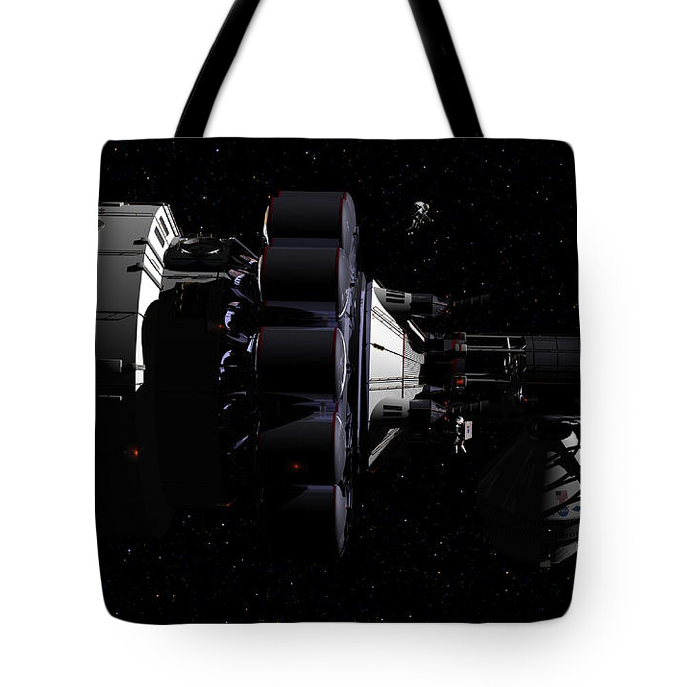 Spaceship Tote Bag featuring the digital art USS Hermes1 Deep space by David Robinson