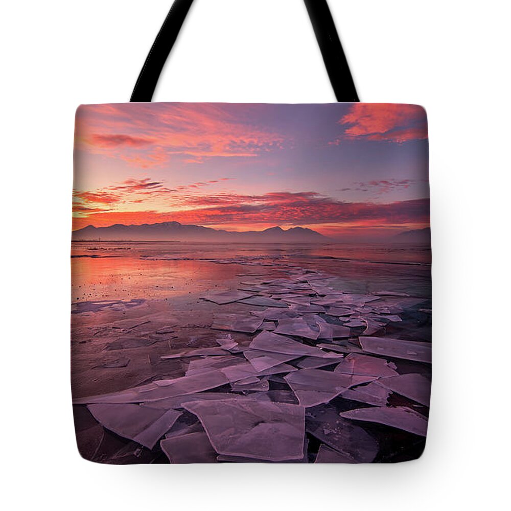Utah Lake Tote Bag featuring the photograph Utah Lake Ice Sunrise by Wesley Aston