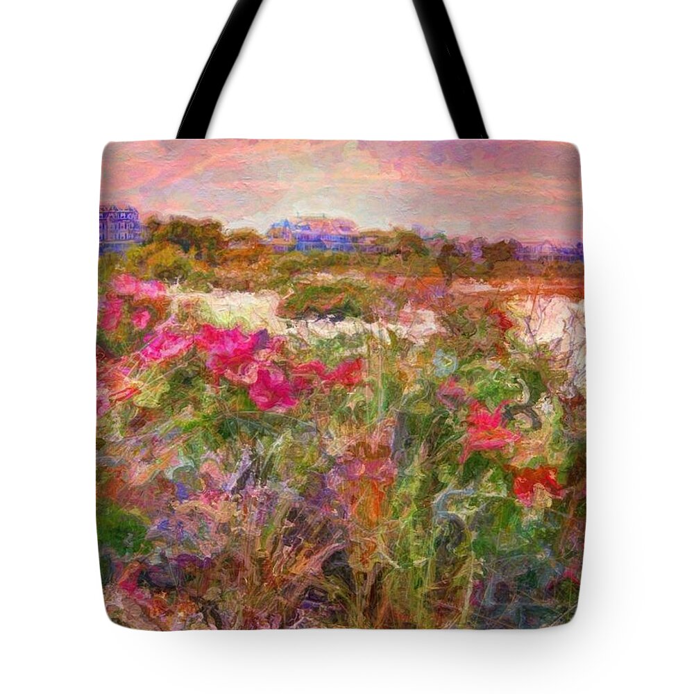 Sharkcrossing Tote Bag featuring the painting V Edgartown Shoreline Roses - Vertical by Lyn Voytershark