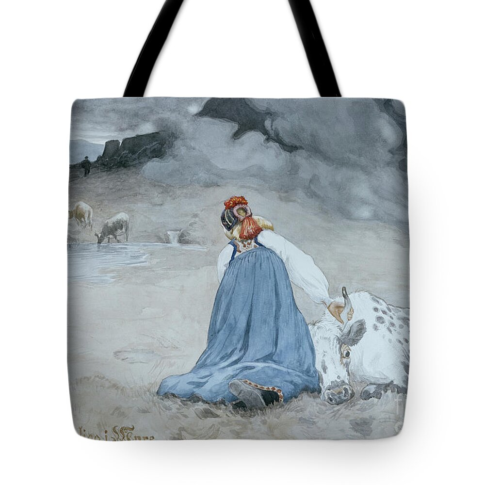 Christian Skredsvig Tote Bag featuring the painting Valdres folk song by O Vaering by Christian Skredsvig
