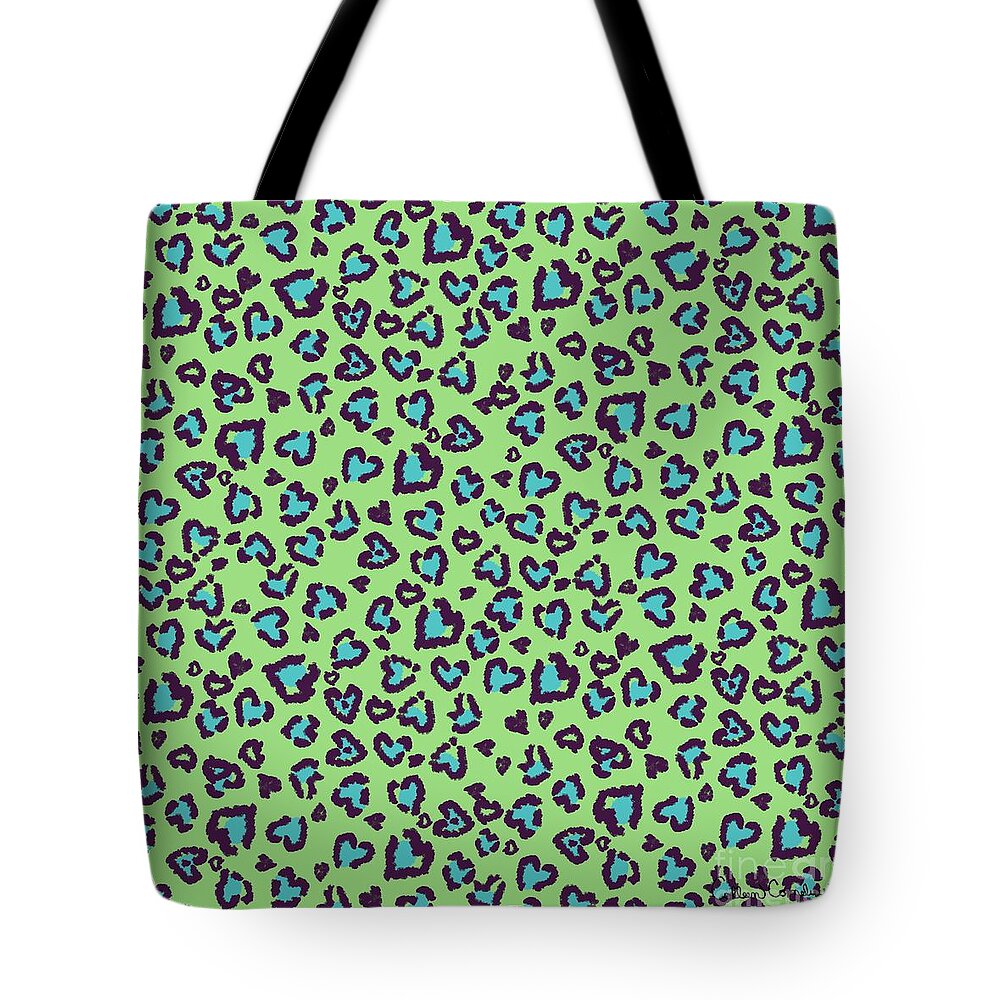 Heart Tote Bag featuring the digital art Valentine Leopard Pattern in Blue on Green by Colleen Cornelius