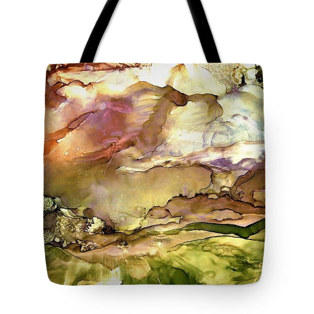 Sunrise Tote Bag featuring the painting Valle Vidal by Angela Marinari