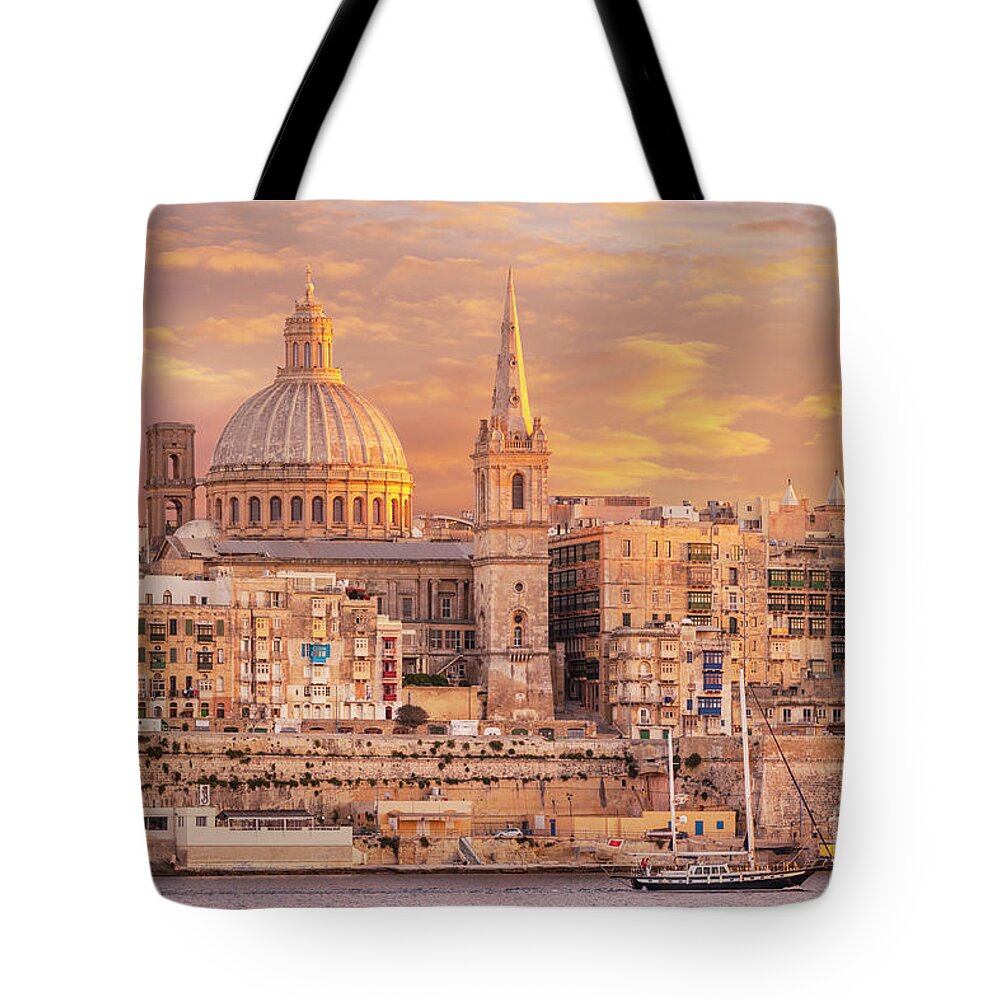 Valletta Skyline Tote Bag featuring the photograph Valletta Skyline at Sunset, Malta by Neale And Judith Clark