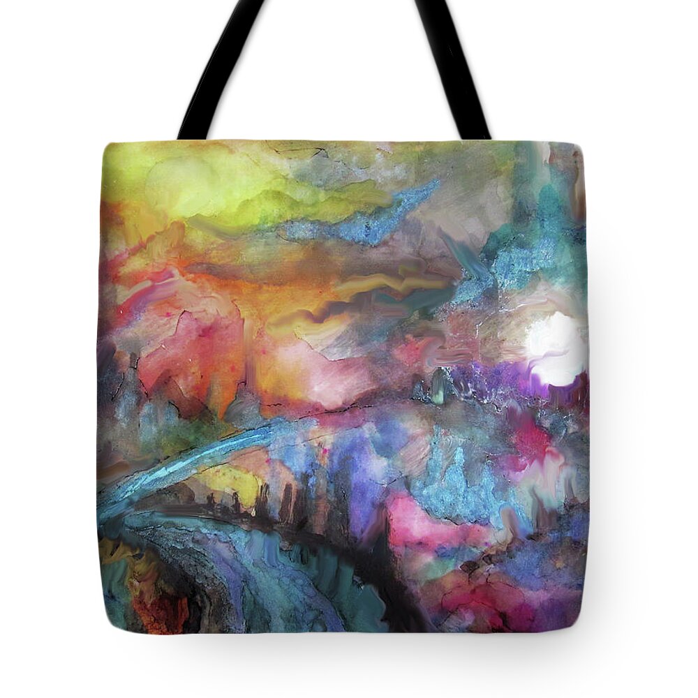 Colorful Valley Semi Abstract Tote Bag featuring the painting Valley Light by Jean Batzell Fitzgerald