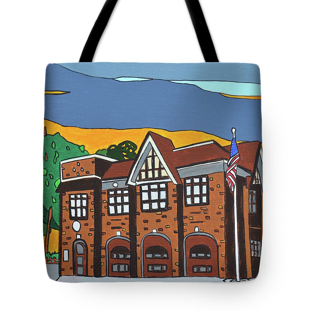 Valley Stream Fire Department Rockaway Ave. Tote Bag featuring the painting Valley Stream Fire House by Mike Stanko