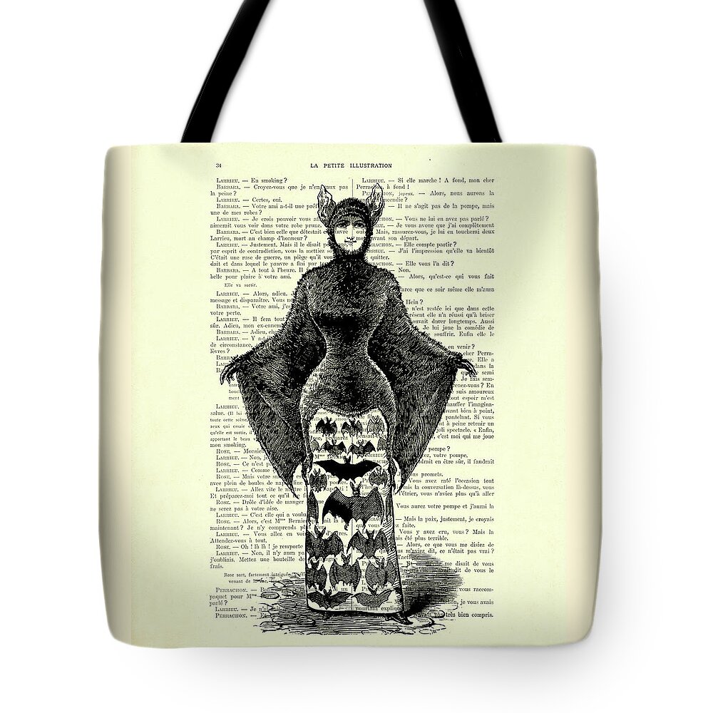 Vampire Tote Bag featuring the digital art Vampire lady in black and white by Madame Memento