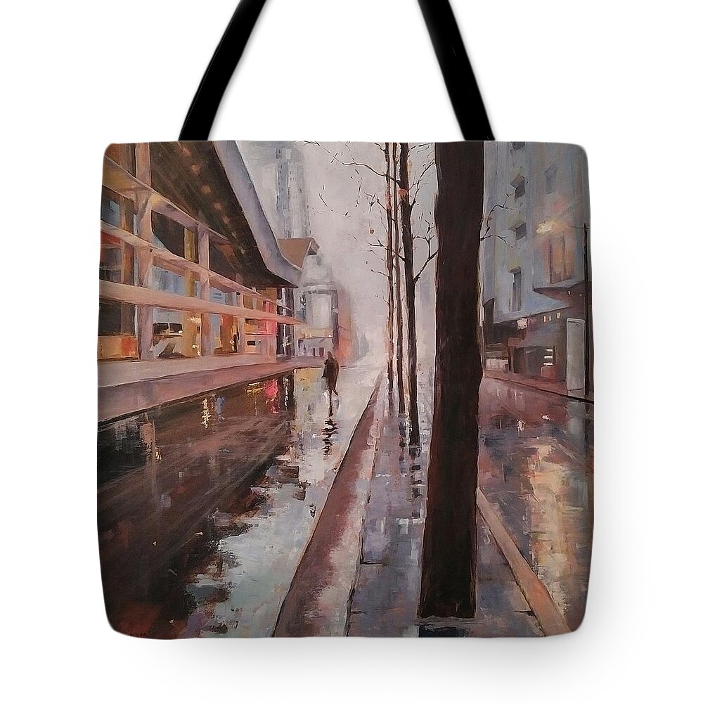 Cityscape Tote Bag featuring the painting Vancouver 7 am by Sheila Romard