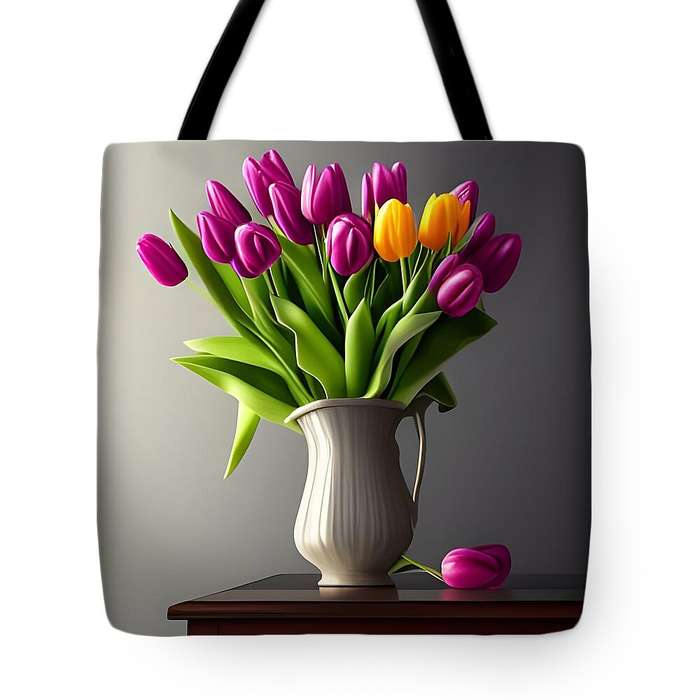 Tulips Tote Bag featuring the digital art Vase of Tulips by Katrina Gunn