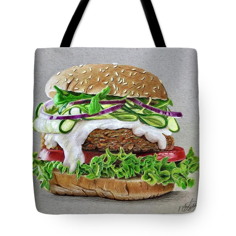 Vegan Tote Bag featuring the drawing Vegan Burger by Marlene Little