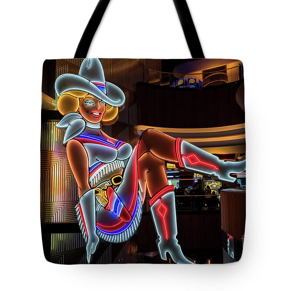Vegas Vickie Tote Bag featuring the photograph Vegas Vickie Profile Neon Sign Full by Aloha Art