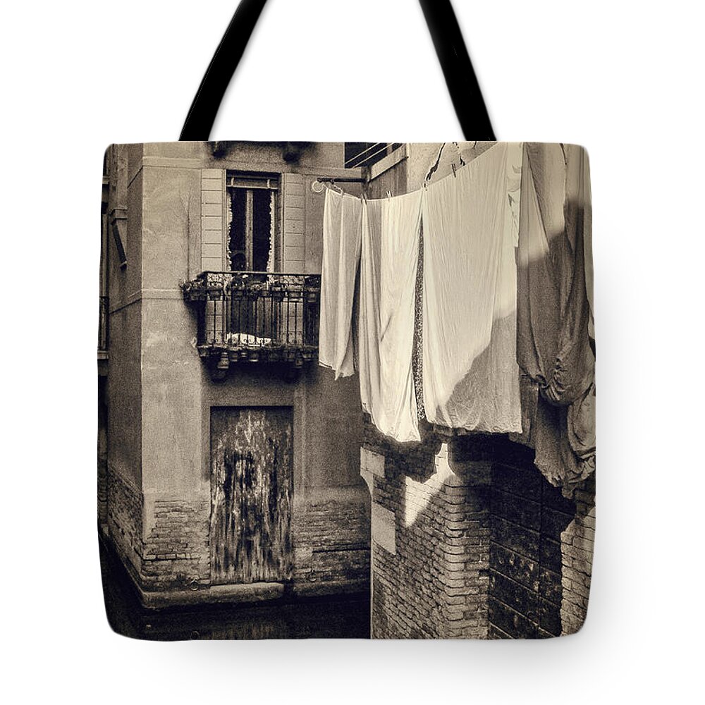 Sepia Tote Bag featuring the photograph Venetian Laundry by Eyes Of CC