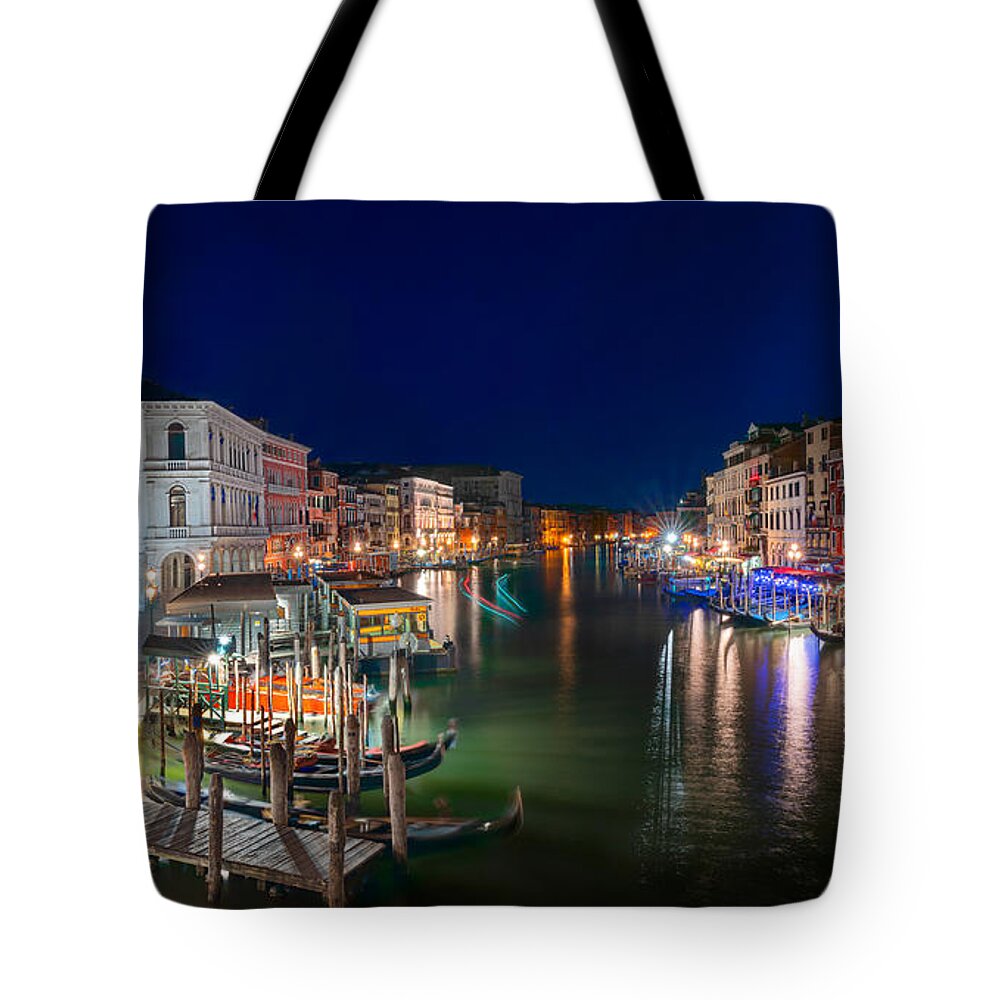 Rialto Tote Bag featuring the photograph Venice by night view from Rialto by The P