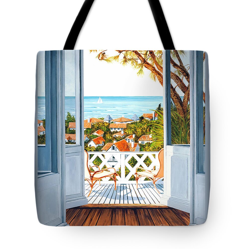 Large Prints Tote Bag featuring the painting VERANDA VIEW -print -wider format by Mary Grden