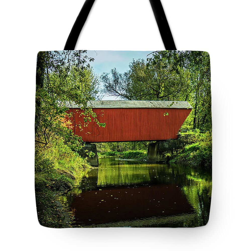 Bridge Tote Bag featuring the photograph Vermont Autumn at Cooley Covered Bridge by Ron Long Ltd Photography