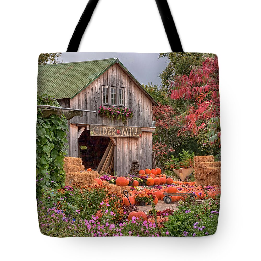 Hudak's Tote Bag featuring the photograph Vermont pumpkins and autumn flowers by Jeff Folger