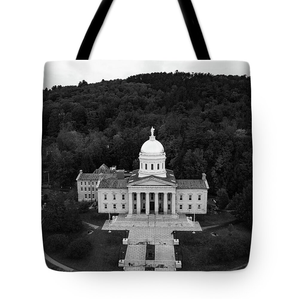 Democrats Tote Bag featuring the photograph Vermont state capitol building in Montpelier Vermont in black and white by Eldon McGraw