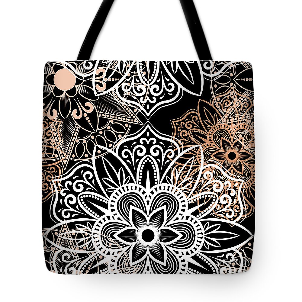 Colorful Tote Bag featuring the digital art Verona - Artistic White Cream Mandala Pattern in Black Background by Sambel Pedes